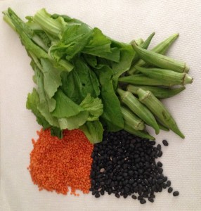 Plant-based foods that contain protein.  Top: green collards, okra Bottom: Red lentils, black beans​