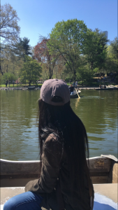 Birjot Kaur admiring view of Central Park from boat.