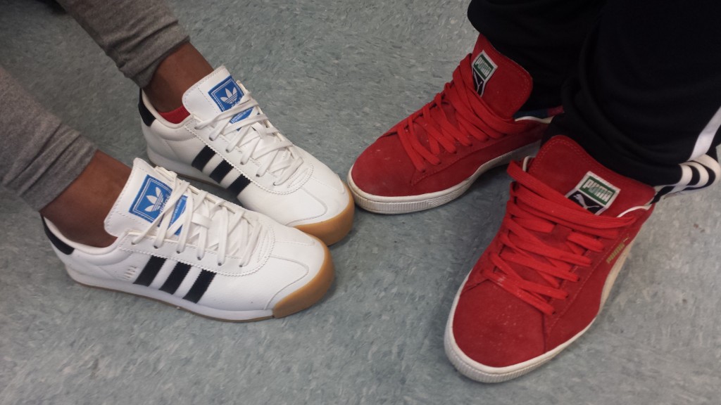 The white Adidas are kept clean unlike the red Pumas. 