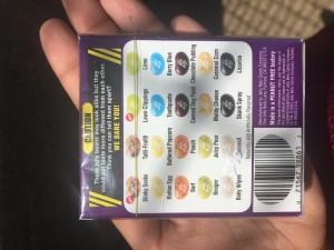 The back of the container of the bean boozled challenge that contains the flavors you might get. 