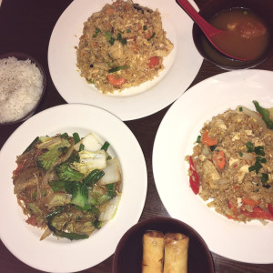 Amina Glass Noodles, Basil Fried Rice, and Spicy TY Fried Rice. Alongside the dishes are a few sides that decided to tag along. Spicy veggie chicken soup, spring roll and a bowl of rice. 