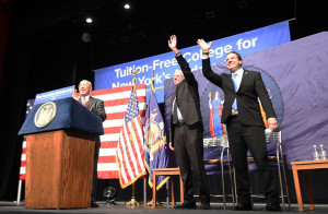  New York Governor Andrew Cuomo and Vermont Senator Bernie Sanders announce the Excelsior Scholarship in January 2017. Photo Credit: Kevin P. Coughlin, Office of the Governor