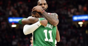 Old team mates Kyrie Irving and Lebron James hug it out after the Boston Celtics and Cleveland Cavaliers battle it out. Photo Credit: USA Today 