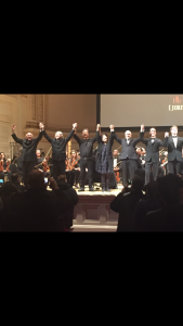 Distant Worlds hosts and guests after the concert; hosts and important members of the audience, such as Nobuo Uematsu and Yoko Shimomura, stood on the stage and took a bow before the audience. Photo Credit: William Burgos