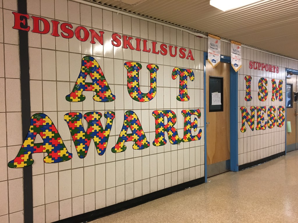 Caption: SkillsUSA decorated Edison hallways in signs and posters to promote Autism Awareness. 
Photo Credit: Aneesa Asgarali