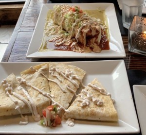 Burrito Loco with BBQ Jackfruit, $17 (top)  Cheese Quesadilla with Seitan Tinga, $10 (bottom)