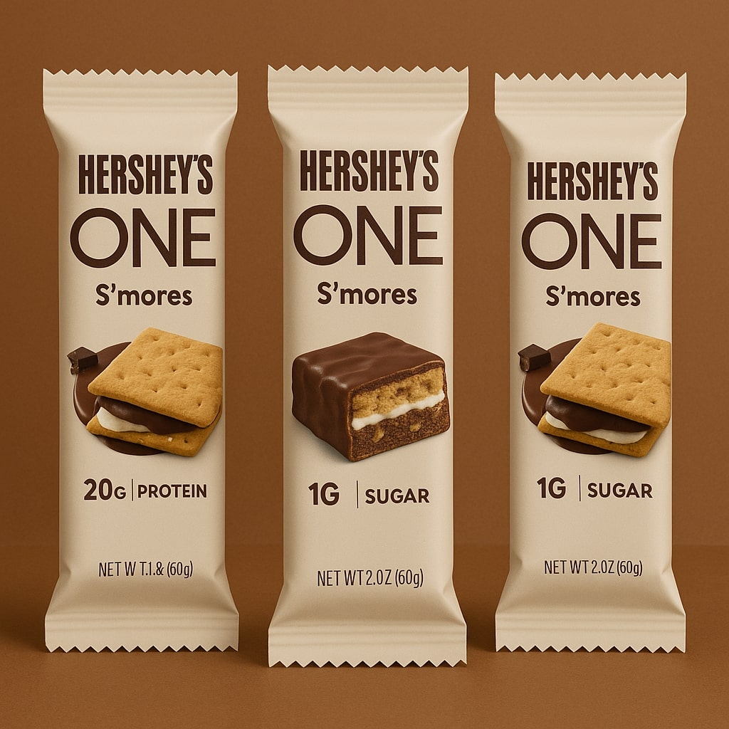 An illustration of Three Hershey’s ONE S’mores protein bars that show the main selling points, which are their contents of 20 grams of protein and 1 gram of sugar. 
*Photo by ChatGPT, OpenAI
