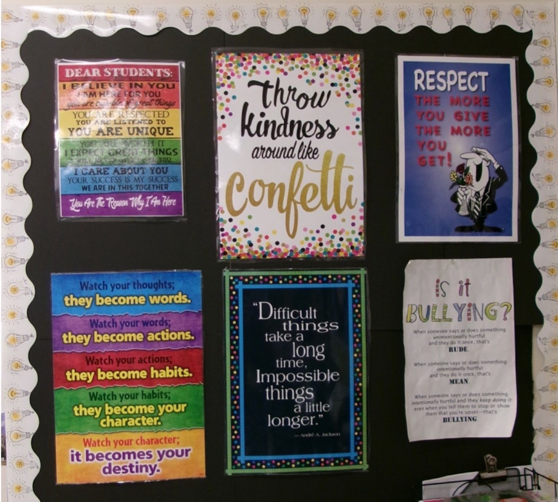 Posters promote kindness, responsibility, and positive mental health awareness.