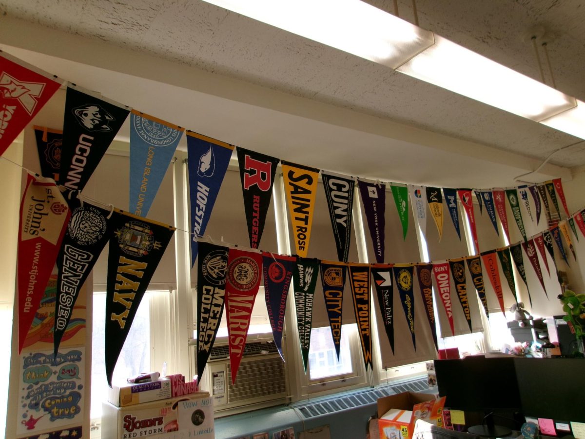 College pennants hang inside Edison’s college office, that students bring back when coming to visit the college counselors.