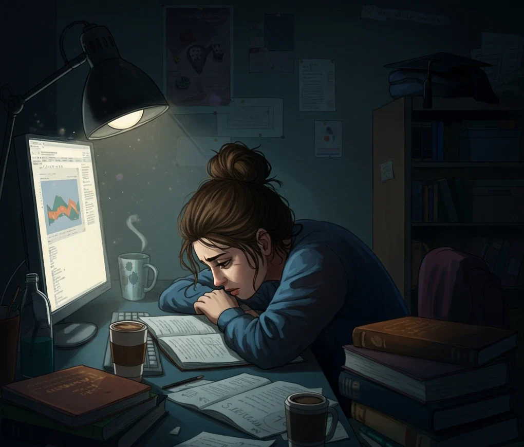 A high school student studies late into the night, balancing homework, extracurricular activities, and responsibilities while sacrificing essential hours of sleep to keep up academically.